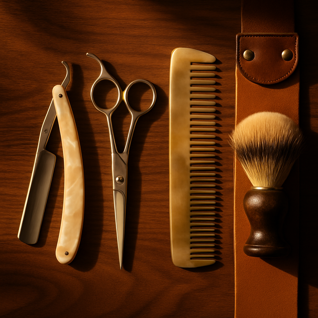 Premium barber tools — clippers, straight razor, comb and shears laid out on dark surface