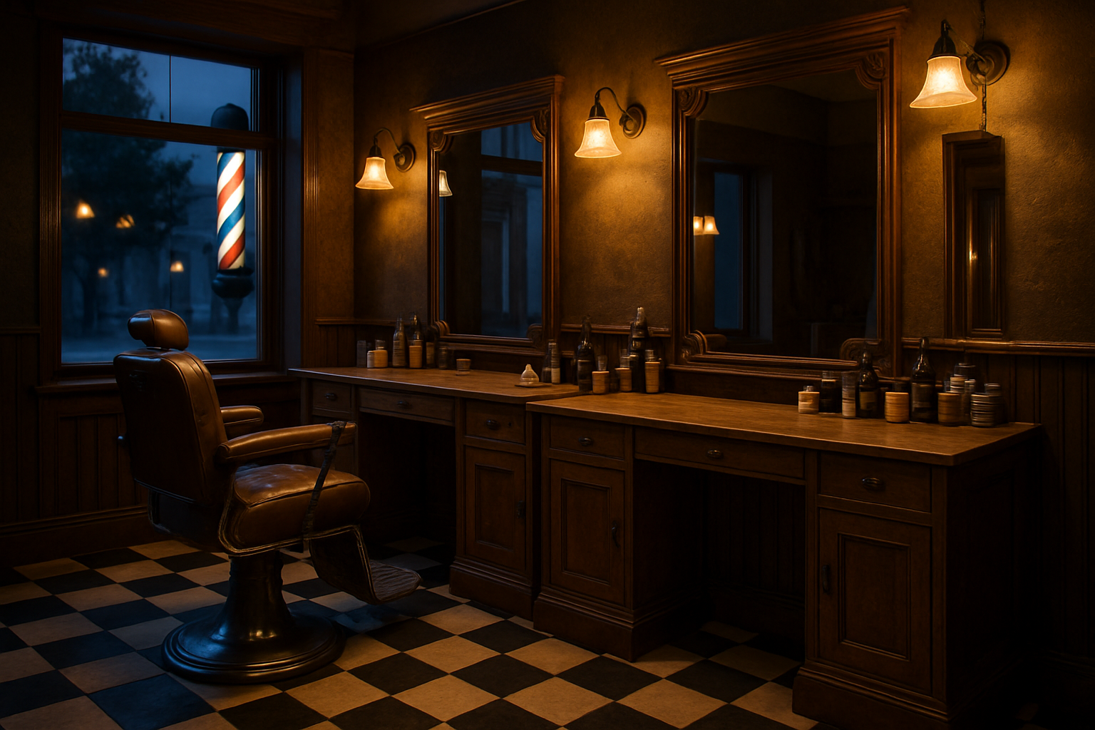 D One Barbers shop interior — vintage chairs and warm lighting